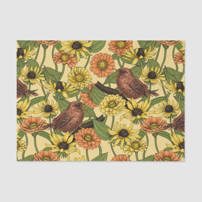 Wrens and flowers on pale yellow tissue paper (Front)