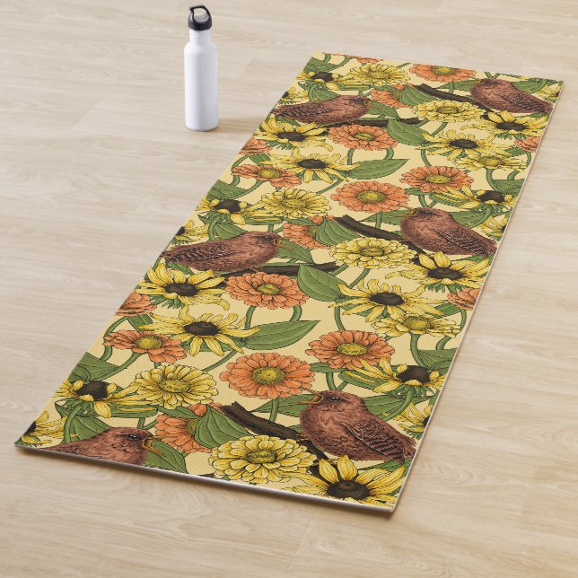 Wrens and flowers on pale yellow yoga mat (In Situ)