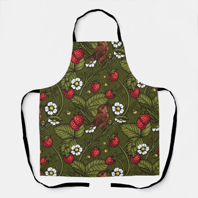 Wrens and strawberries on dark green apron (Front)