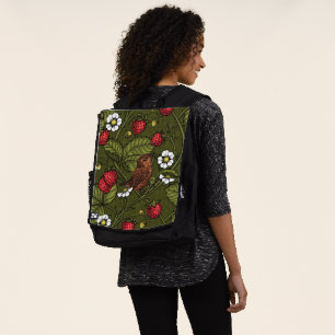 Wrens and strawberries on dark green backpack
