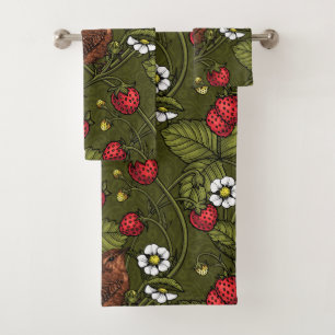 Wrens and strawberries on dark green bath towel set