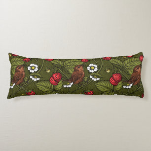 Wrens and strawberries on dark green body pillow