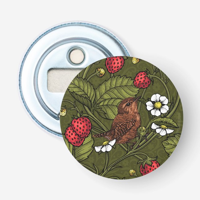 Wrens and strawberries on dark green bottle opener (Front)