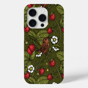 Wrens and strawberries on dark green iPhone 15 pro case