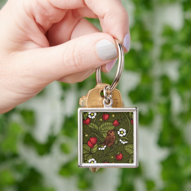 Wrens and strawberries on dark green keychain (Hand)