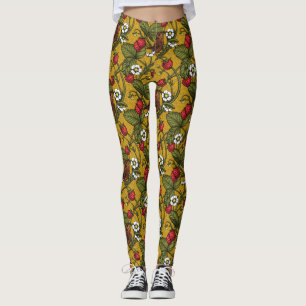 Wrens and strawberries on dark green leggings