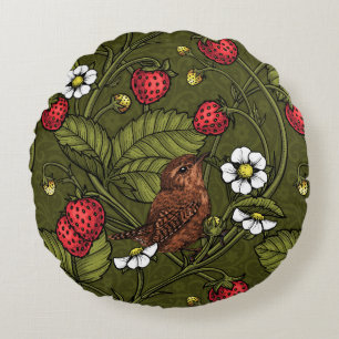 Wrens and strawberries on dark green round pillow