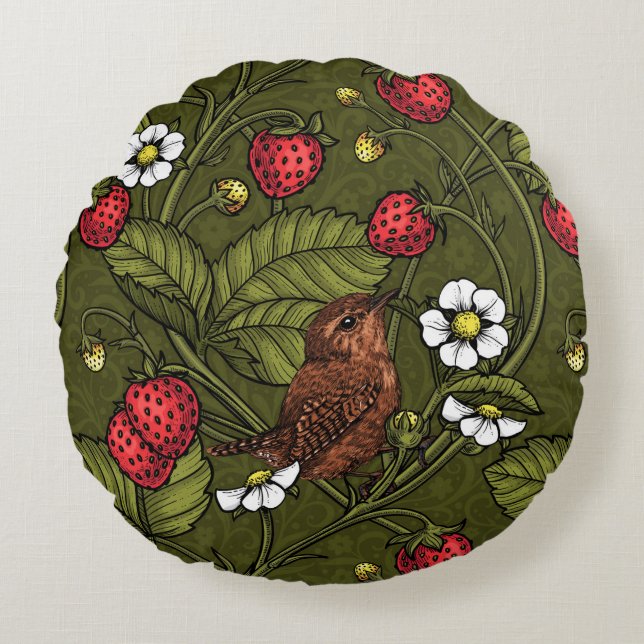 Wrens and strawberries on dark green round pillow (Front)