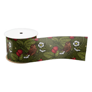 Wrens and strawberries on dark green satin ribbon