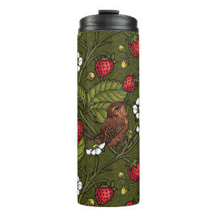 Wrens and strawberries on dark green thermal tumbler