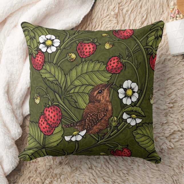 Wrens and strawberries on dark green throw pillow (Blanket)