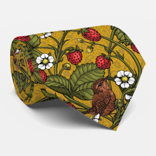 Wrens and strawberries on dark green tie