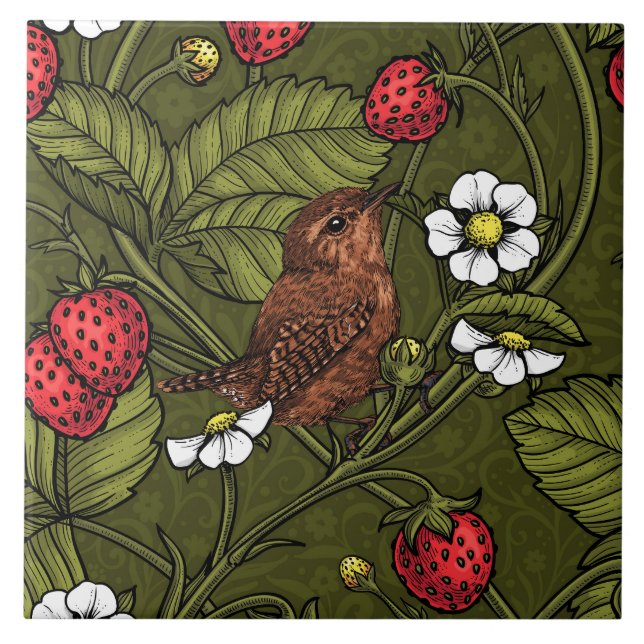 Wrens and strawberries on dark green tile (Front)