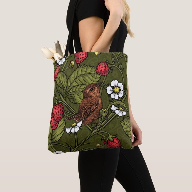 Wrens and strawberries on dark green tote bag (Close Up)