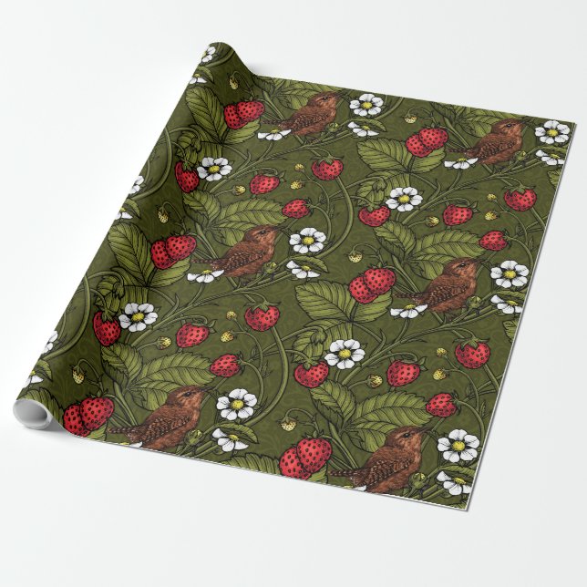 Wrens and strawberries on dark green wrapping paper (Unrolled)