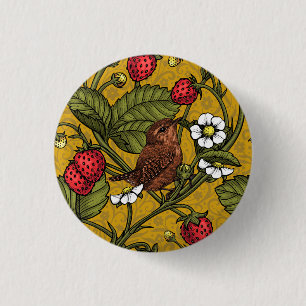 Wrens and strawberries on mustrard 1 inch round button
