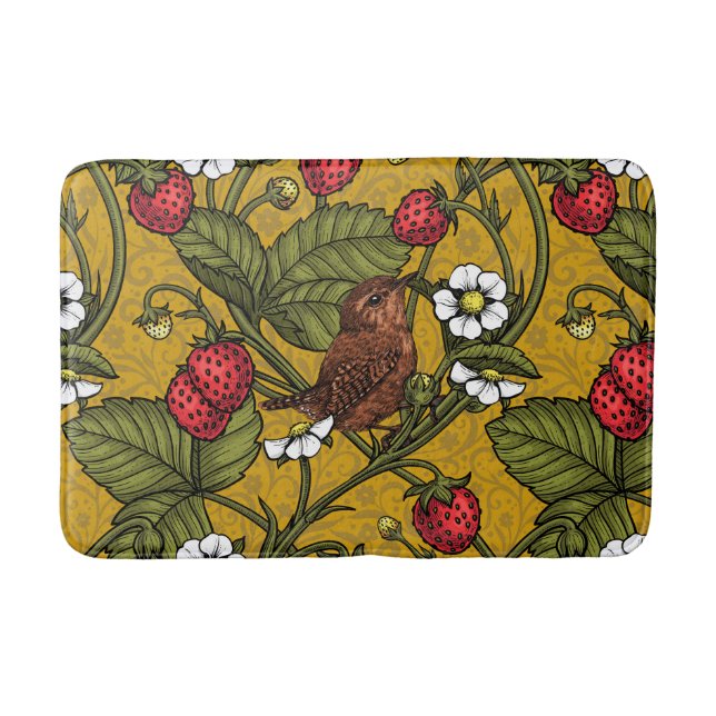 Wrens and strawberries on mustrard bath mat (Front)