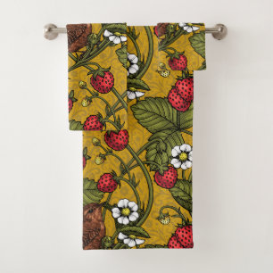 Wrens and strawberries on mustrard bath towel set