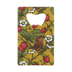 Wrens and strawberries on mustrard credit card bottle opener