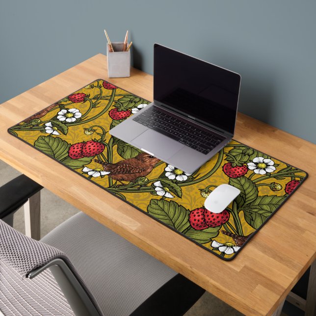 Wrens and strawberries on mustrard desk mat (Office 2)