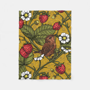 Wrens and strawberries on mustrard fleece blanket