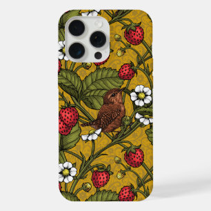 Wrens and strawberries on mustrard iPhone 15 pro max case