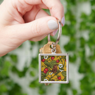 Wrens and strawberries on mustrard keychain