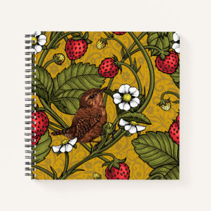 Wrens and strawberries on mustrard notebook