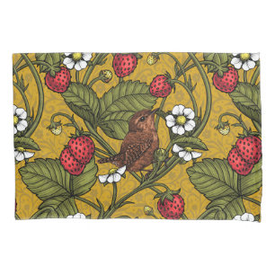 Wrens and strawberries on mustrard pillowcase