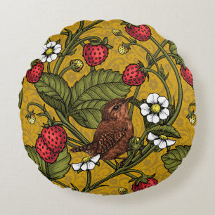 Wrens and strawberries on mustrard round pillow