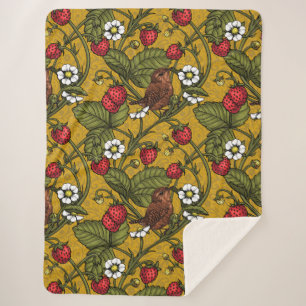 Wrens and strawberries on mustrard sherpa blanket