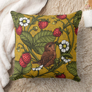 Wrens and strawberries on mustrard throw pillow