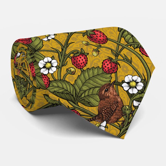 Wrens and strawberries on mustrard tie (Rolled)