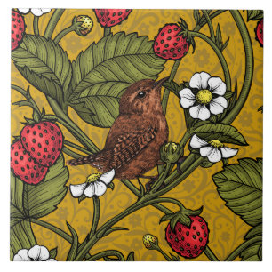 Wrens and strawberries on mustrard tile