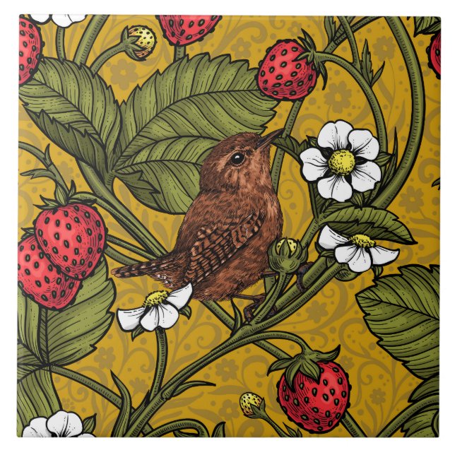 Wrens and strawberries on mustrard tile (Front)