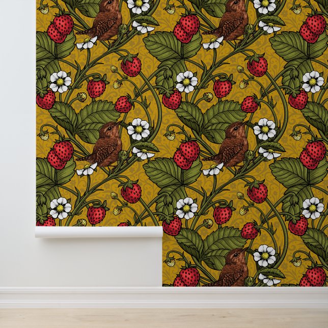 Wrens and strawberries on mustrard wallpaper (Application)