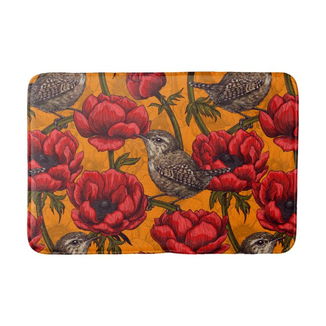 Wrens in a red anemone garden bath mat (Front)