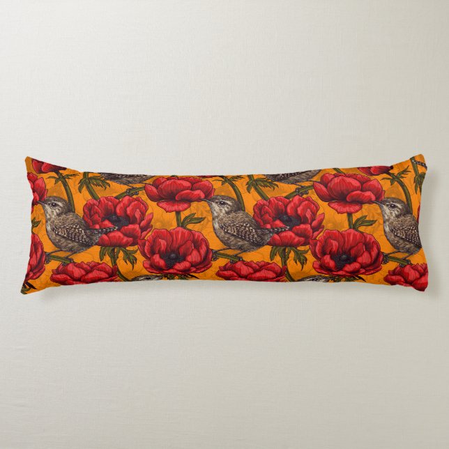 Wrens in a red anemone garden body pillow (Front)