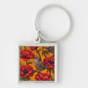 Wrens in a red anemone garden keychain