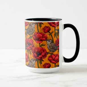 Wrens in a red anemone garden mug