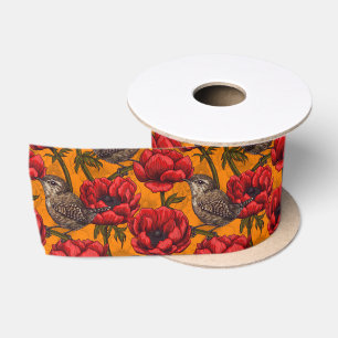 Wrens in a red anemone garden satin ribbon