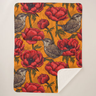 Wrens in a red anemone garden sherpa blanket