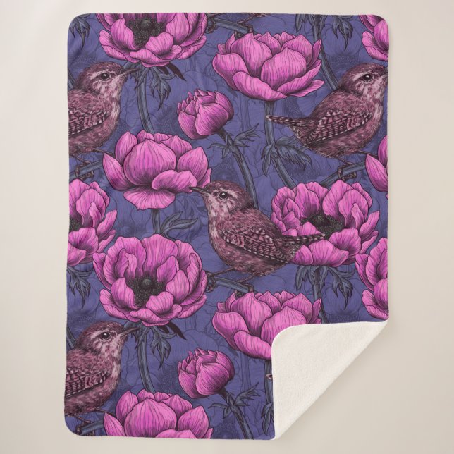 Wrens in the anemone garden sherpa blanket (Front)