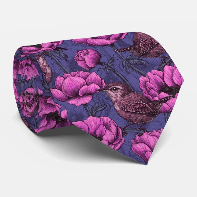 Wrens in the anemone garden tie (Rolled)
