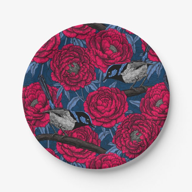 Wrens in the peonies paper plate (Front)