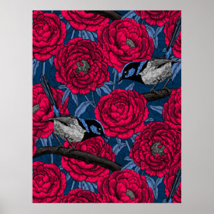Wrens in the peonies poster