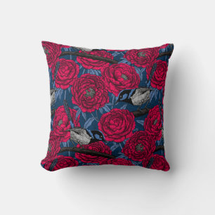 Wrens in the peonies throw pillow