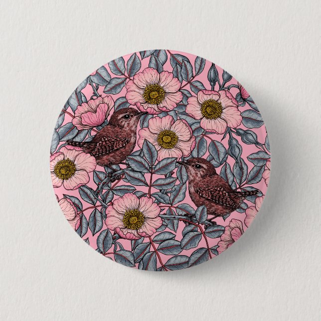 Wrens in the roses 2 inch round button (Front)