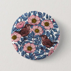Wrens in the roses 2 inch round button