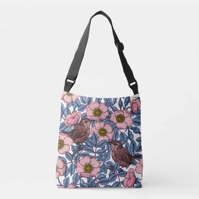 Wrens in the roses crossbody bag (Front)